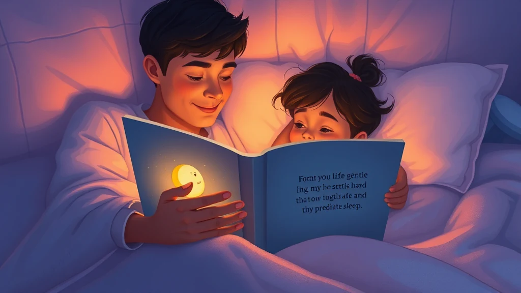 A parent and child reading a personalized storybook together in bed, surrounded by soft lighting, creating a moment of calm.