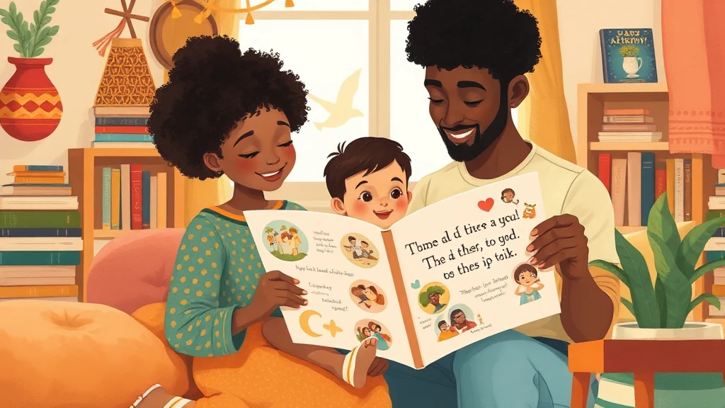 Madre e bambino che leggono insieme un libro personalizzato che raffigura scene culturali e momenti familiari.