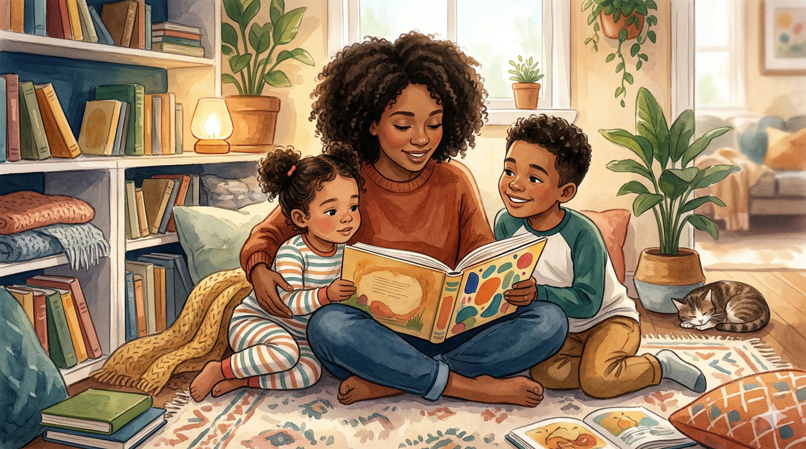 Un niño sonríe mientras sostiene un libro de cuentos con ilustraciones a medida, representando un momento feliz en familia.