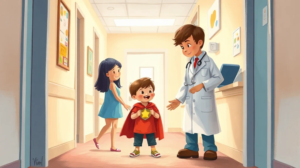 A young child sitting bravely in a doctor's office, holding a personalized book about being a brave hero.