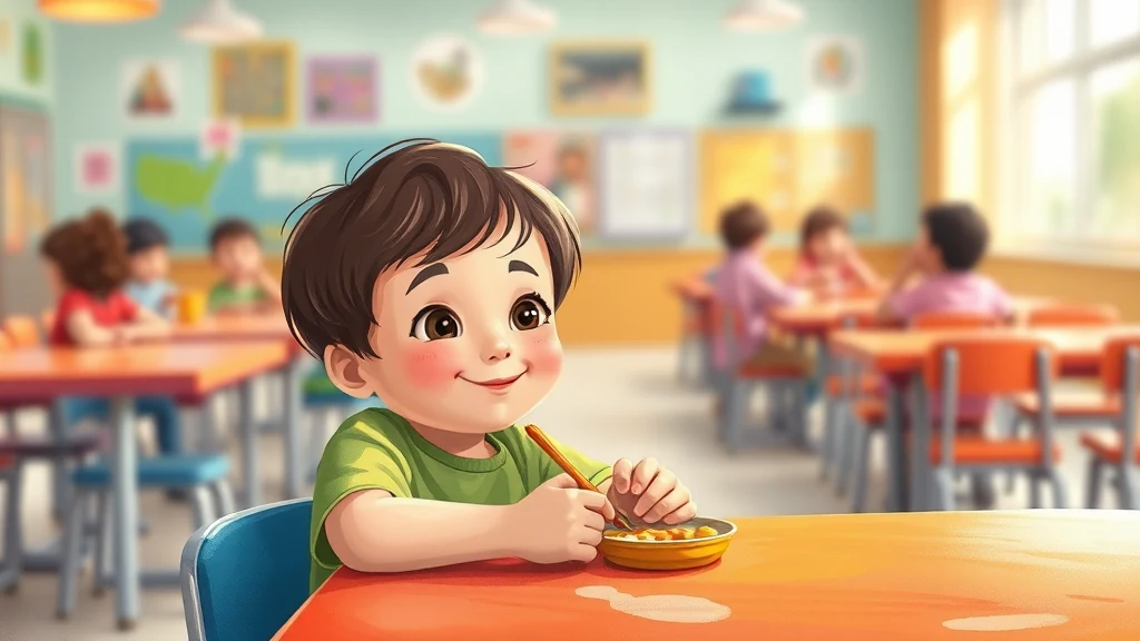 A young child sitting at a school table, looking confidently towards a friend while holding a personalized storybook.