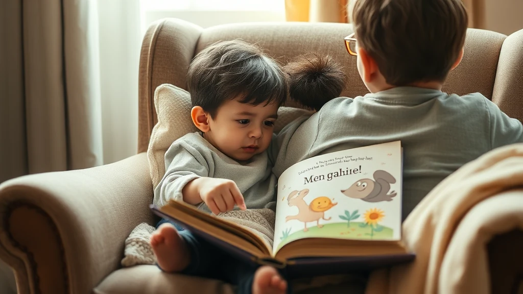 Ein Elternteil liest mit seinem Kind ein personalisiertes Buch vor, das Emotionen wie Traurigkeit und Freude darstellt.