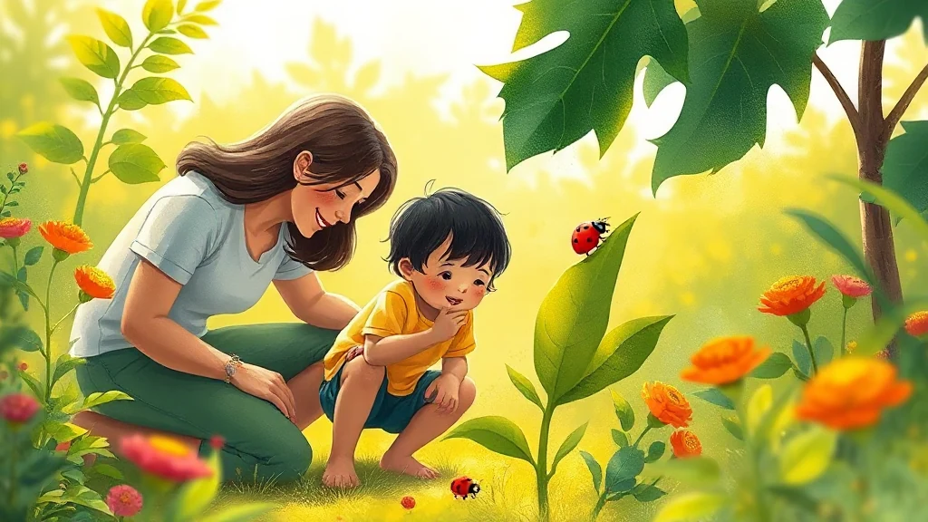 A child looking curiously at a ladybug on a leaf while reading a personalized storybook with their parent.