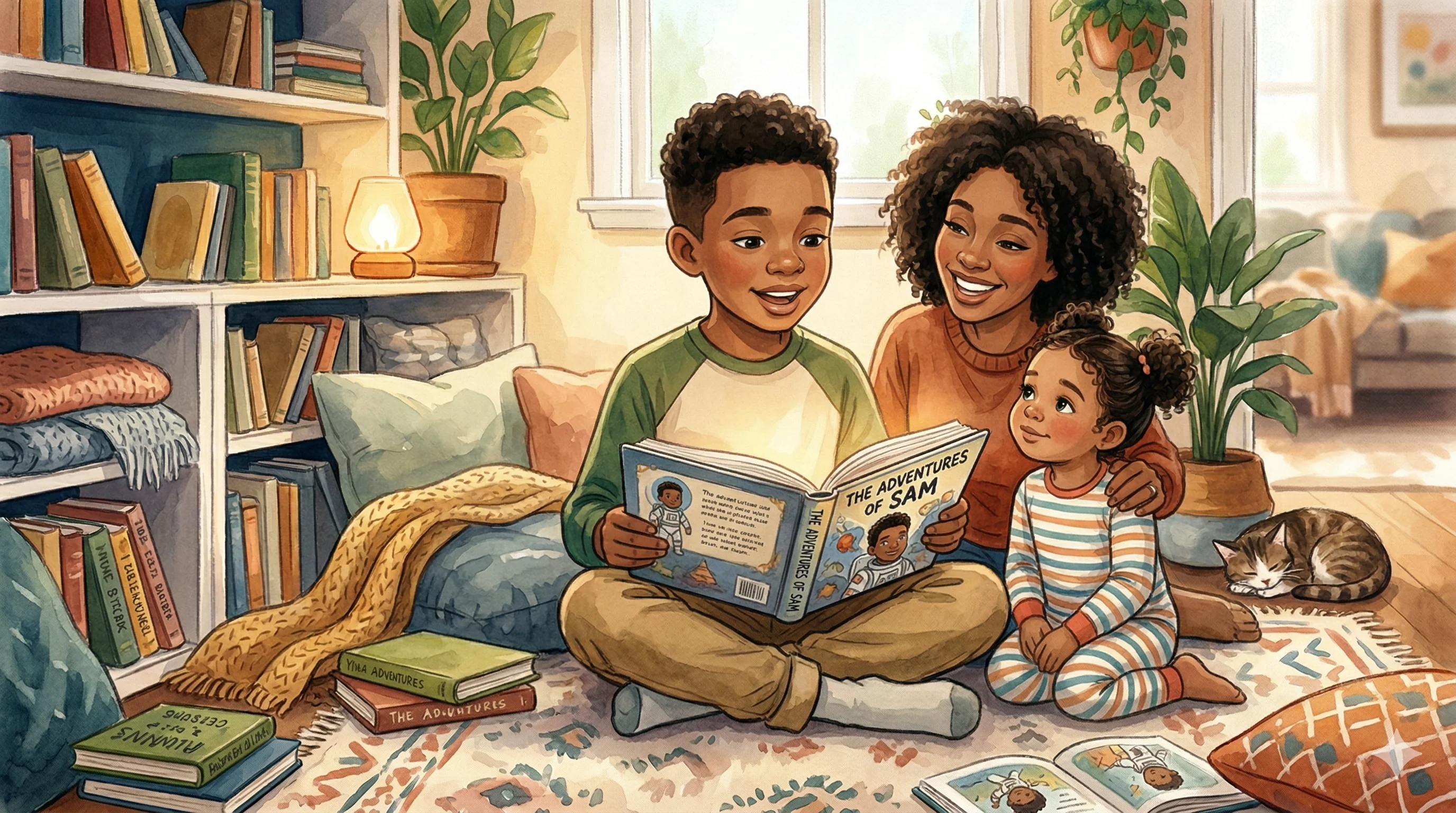 ילד מחזיק ספר המצויר באופן אישי, המבטא תחושת הקלה ושמחה.