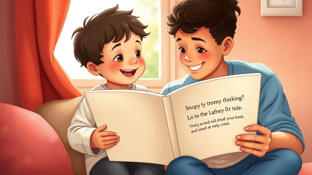 Parent reading a personalized book to a child who beams with pride at seeing themselves as the hero character.