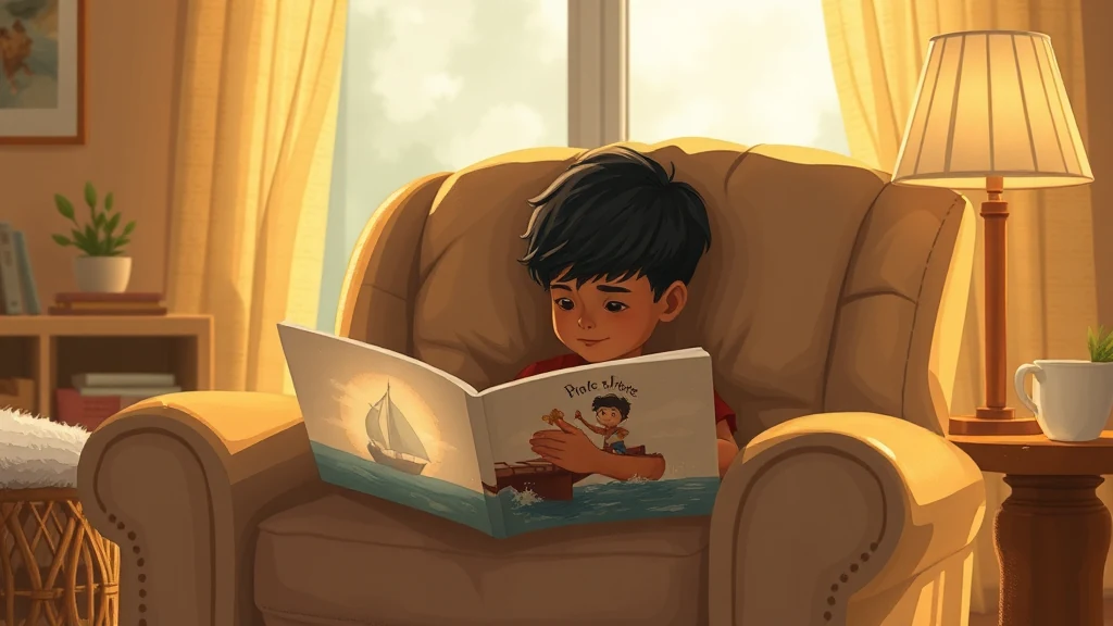 A parent and child sit together on a sofa, happily reading a personalized storybook together.