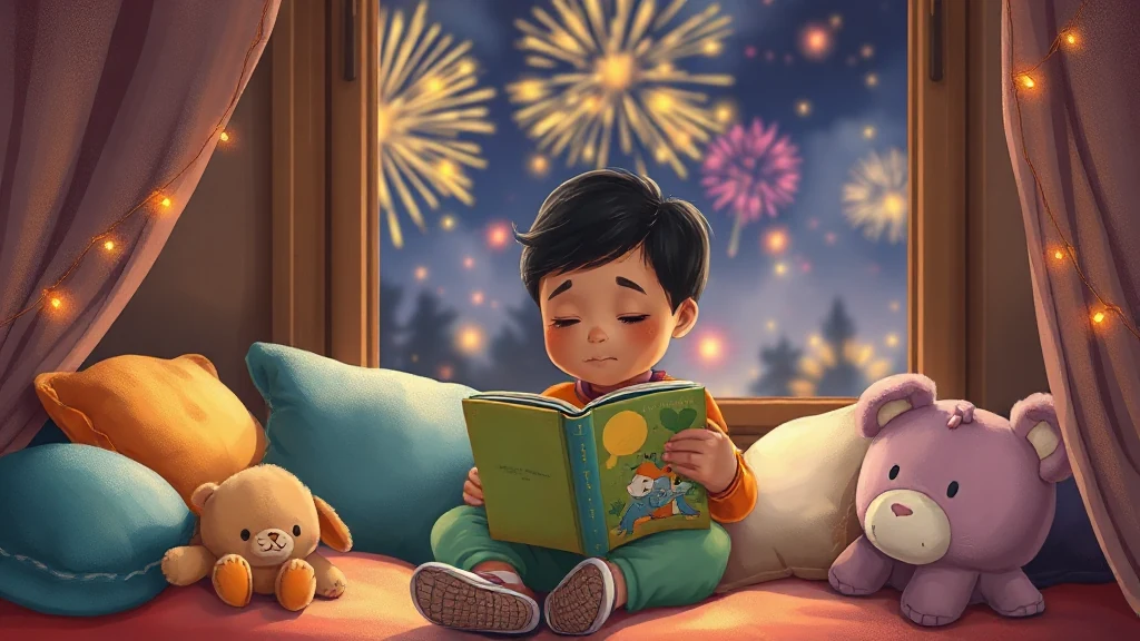 A parent comforting a child during a loud storm with a colorful storybook.
