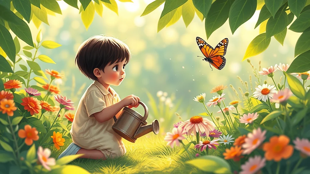 Un enfant souriant tenant un livre illustré avec des éléments de la nature.