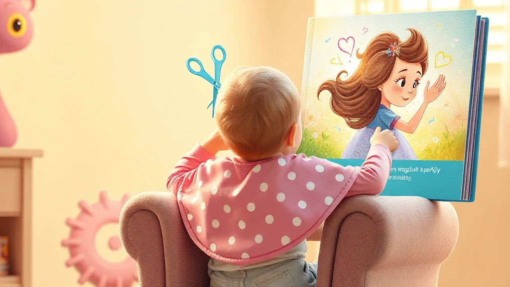 A young child smiling while holding a colorful, personalized picture book.