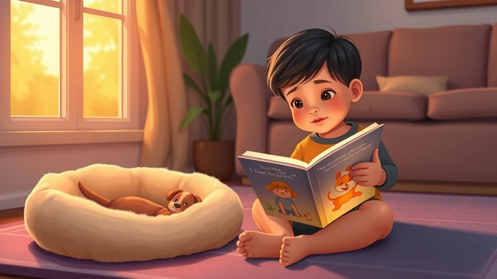 A child sitting on a sofa with a parent, reading a personalized storybook about a brave pet journey.
