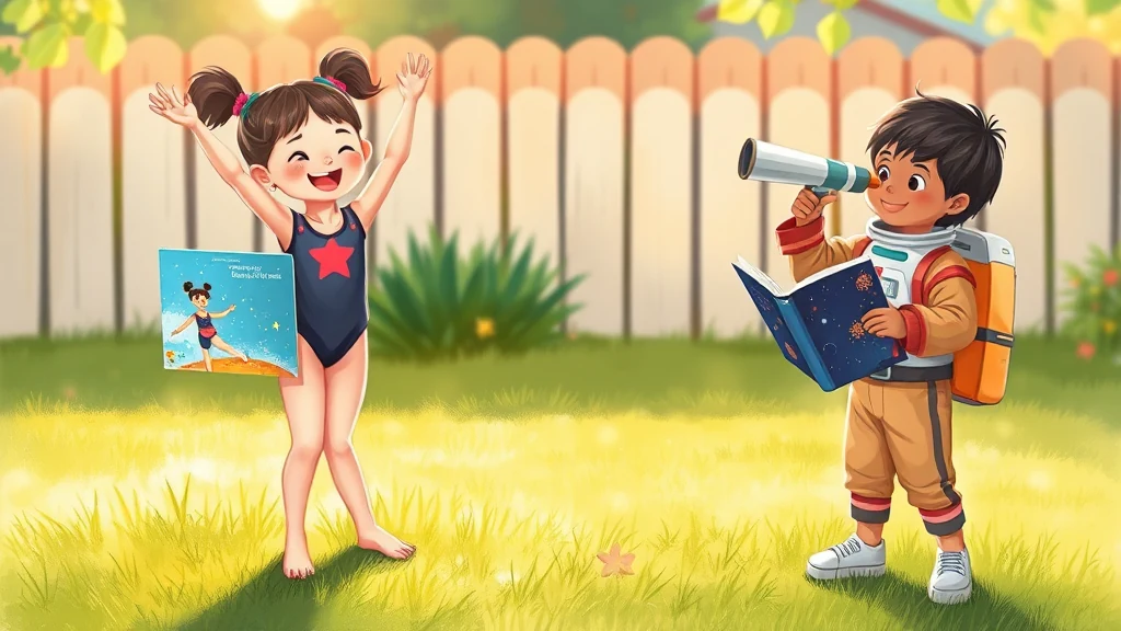 A young girl in a gymnastics leotard excitedly holding a personalized book about her journey to become an athlete.