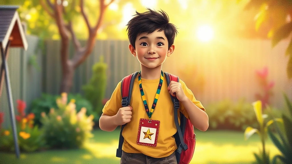 A young child wearing a colorful lanyard and smiling while holding a school backpack.