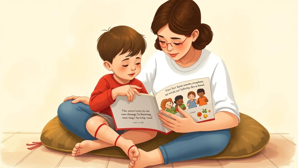 A parent and child reading a personalized storybook together, both looking engaged and calm.