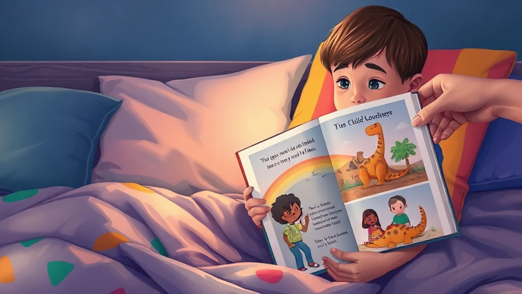 Madre leyendo un libro personalizado sobre la ansiedad a su hijo pequeño que sonríe con calma y seguridad.