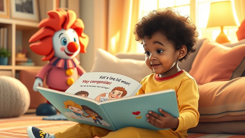A young child smiling while holding a large, colorful personalized book.