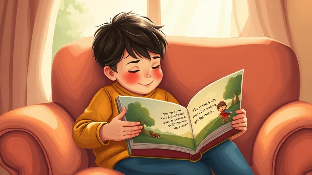 Una madre lee un libro personalizado a su hijo en el sofá, creando un ambiente de calma y seguridad. El libro tiene el dibujo de su propio hijo como protagonista.