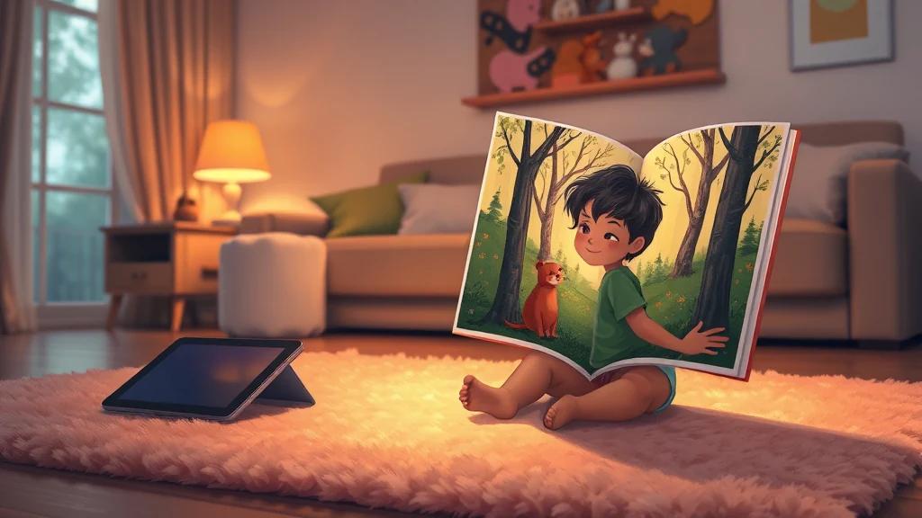 Un parent et son enfant lisent ensemble un livre illustré dans une chambre tamisée, loin des écrans.