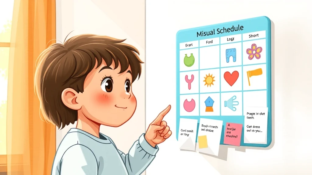 A child happily following a visual schedule with icons to get ready for school.