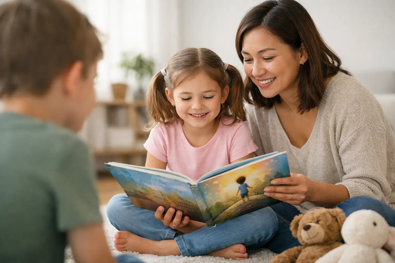 Parent and child reading together on a sofa; a school bag and gentle school-themed hints in the background; calm, reassuring mood before primary school.