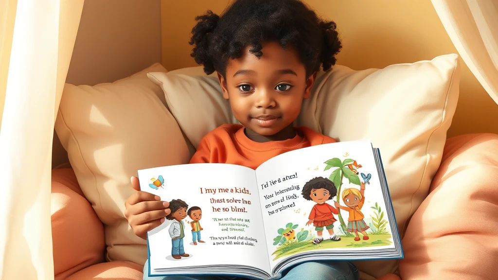 Ein junges Kind stolz liest ein personalisiertes Buch, das seinen eigenen Namen trägt, während ein Elternteil zusieht.