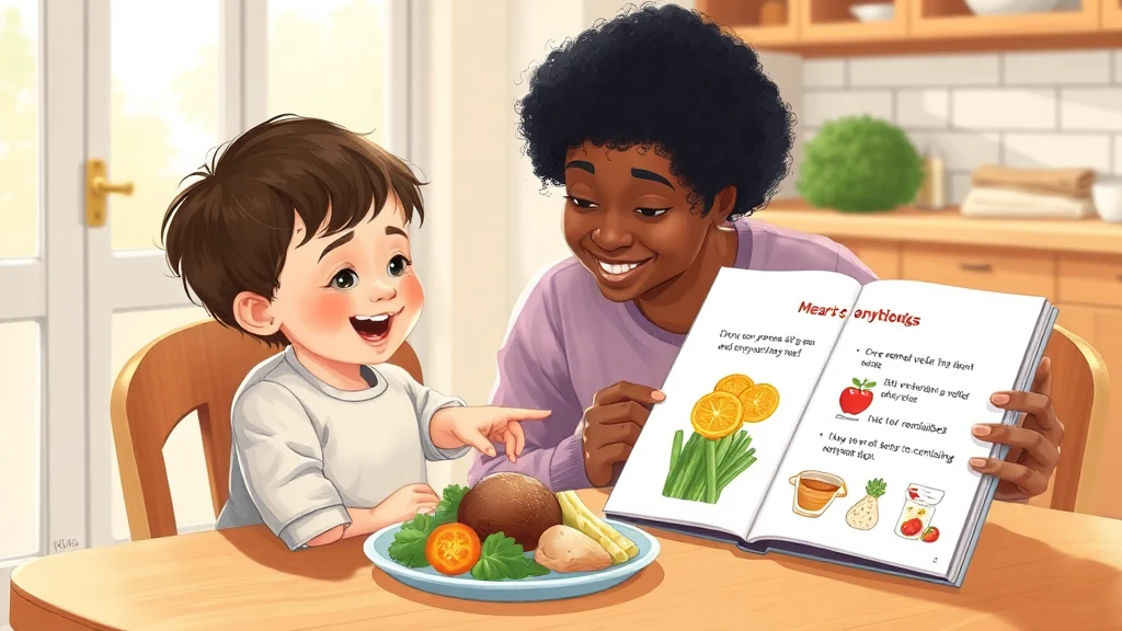 Ein Elternteil liest mit einem Kind ein personalisiertes Buch über Essen und Alltagssituationen vor, um Ängste zu nehmen.