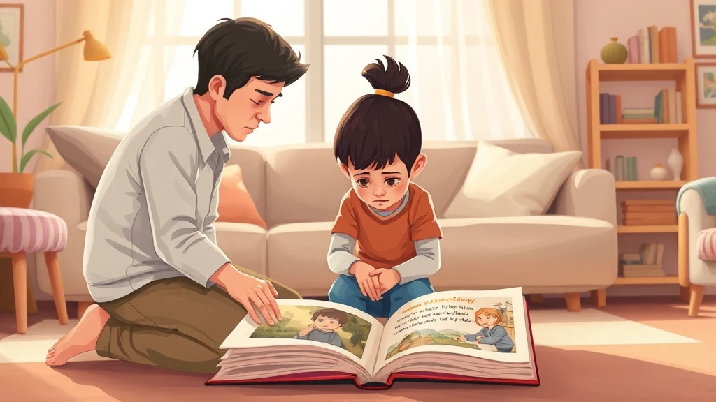 Ein Elternteil liest einem Kind in einem personalisierten Buch vor, das eine Geschichte über Liebe und Abschied zeigt.