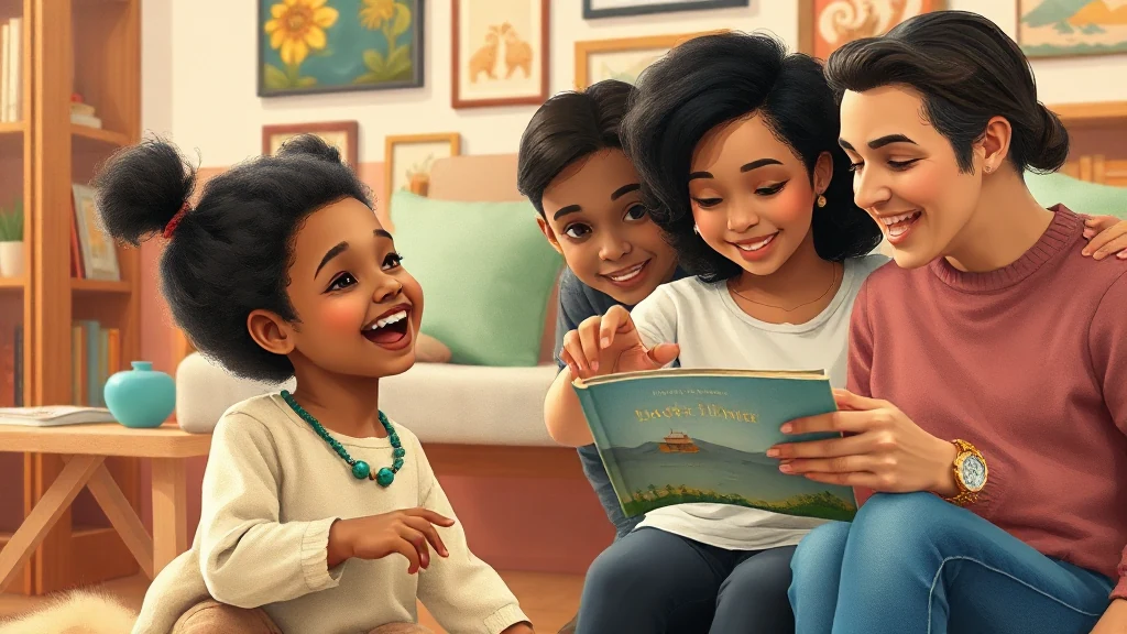 A young child holding a brightly illustrated book that features diverse characters and vibrant cultural details.