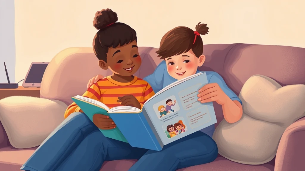 Un parent lit une histoire personnalisée à son enfant, souriant, qui tient un livre sur le thème du dépassement d'une peur technologique.