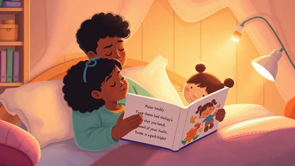 Parent reading a personalized, custom-made storybook to a child in a calm warmly lit bedroom.