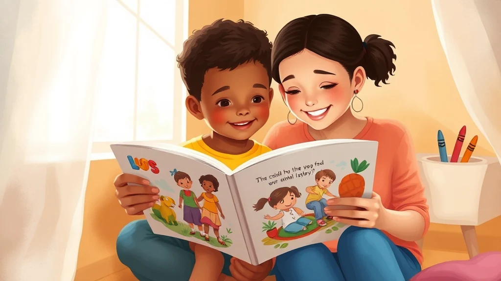 Parent reading a personalized children's book with a child, emphasizing the book's unique cover and illustrations.