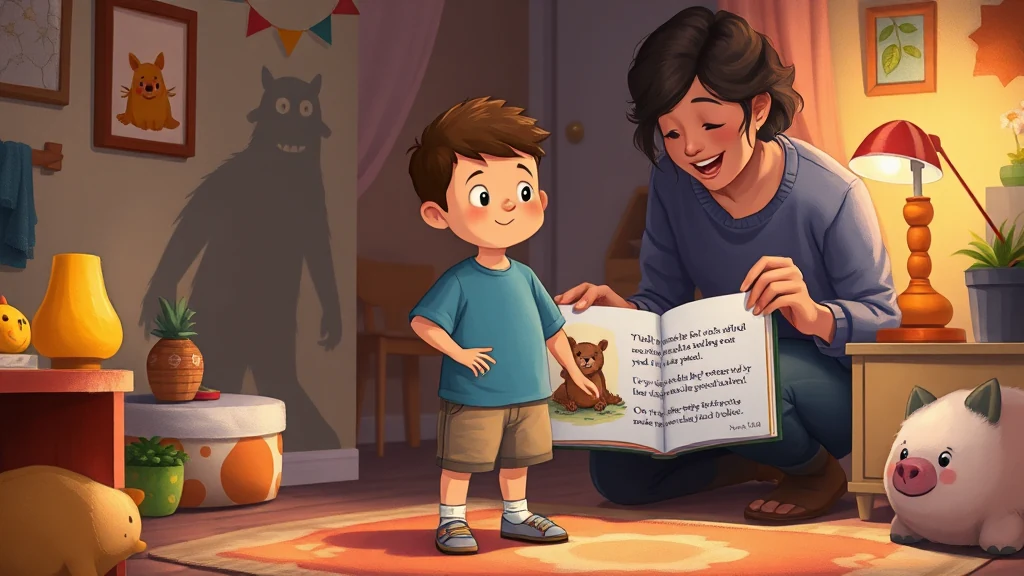 A parent reading a personalized storybook to a child, who is nestled securely between the sheets, illustrating comfort during times of worry.