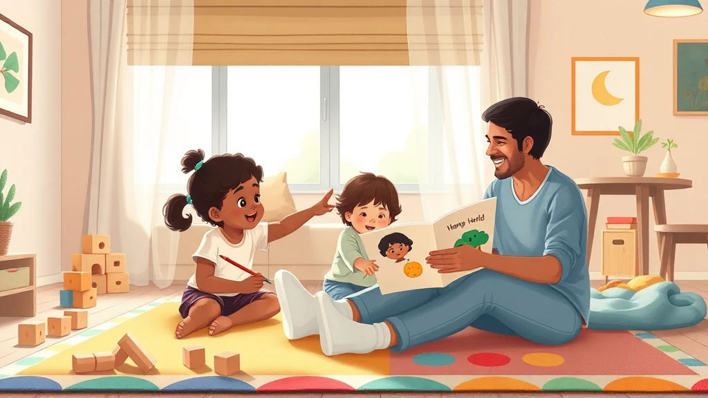 Early-years play space with blocks, simple puppets, and a personalized children's book open on a rug; inviting creative, story-led play.