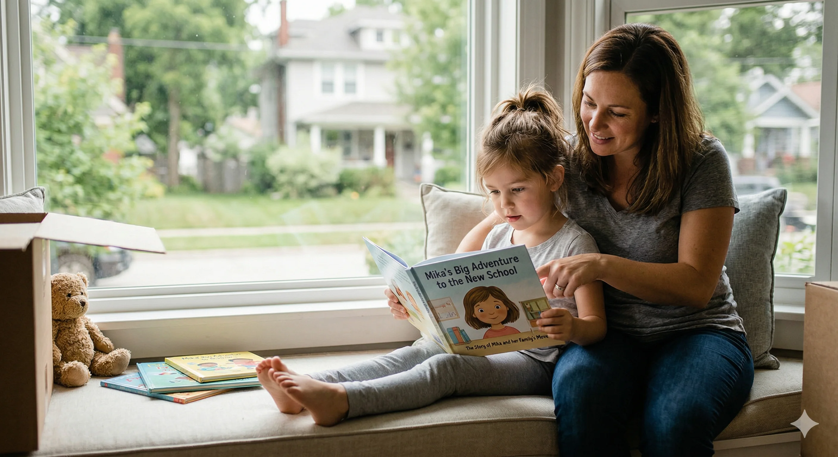 Child and caring adult read a personalized book together; subtle hints of life transitions while the tone stays warm, hopeful, and supportive.