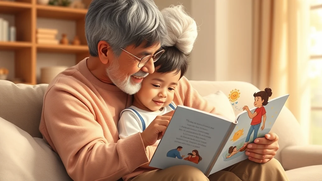 Un genitore che legge un libro personalizzato a un bambino, rafforzando il legame in momenti di cambiamento.