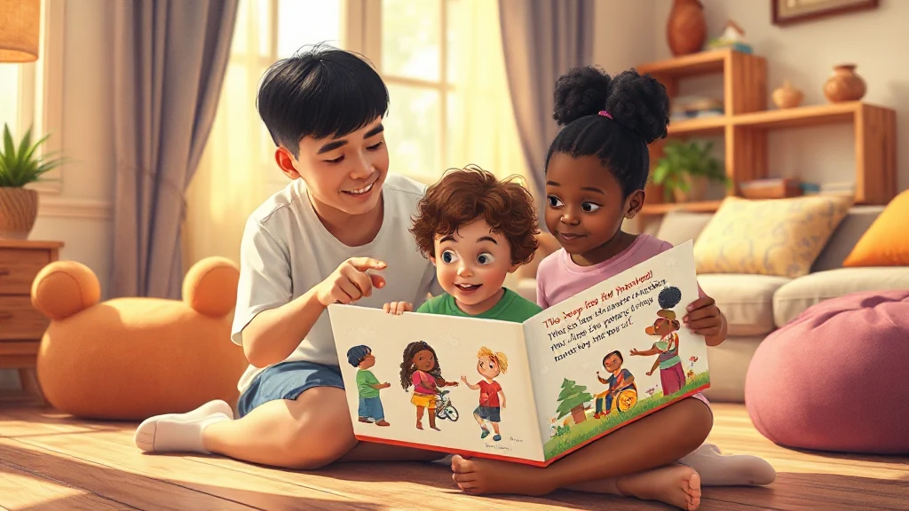 A parent reading a personalized storybook to a child, which features an older sibling with unique abilities, helping the child understand and accept differences.