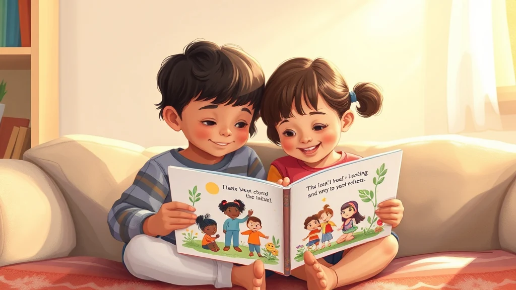 Maman lisant une histoire personnalisée à deux enfants frères et sœurs les sourires reflétant une compréhension mutuelle.