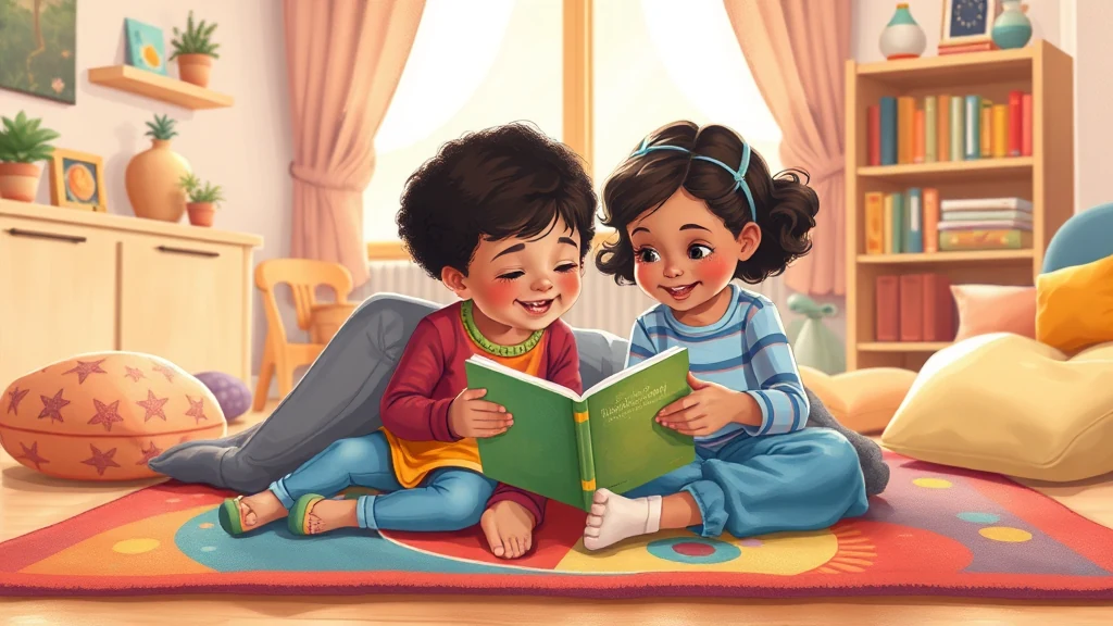 Ein Vater liest mit seinem Kind ein personalisiertes Buch über Geschwisterbeziehungen was emotionale Verbindung und Sicherheit ausstrahlt.