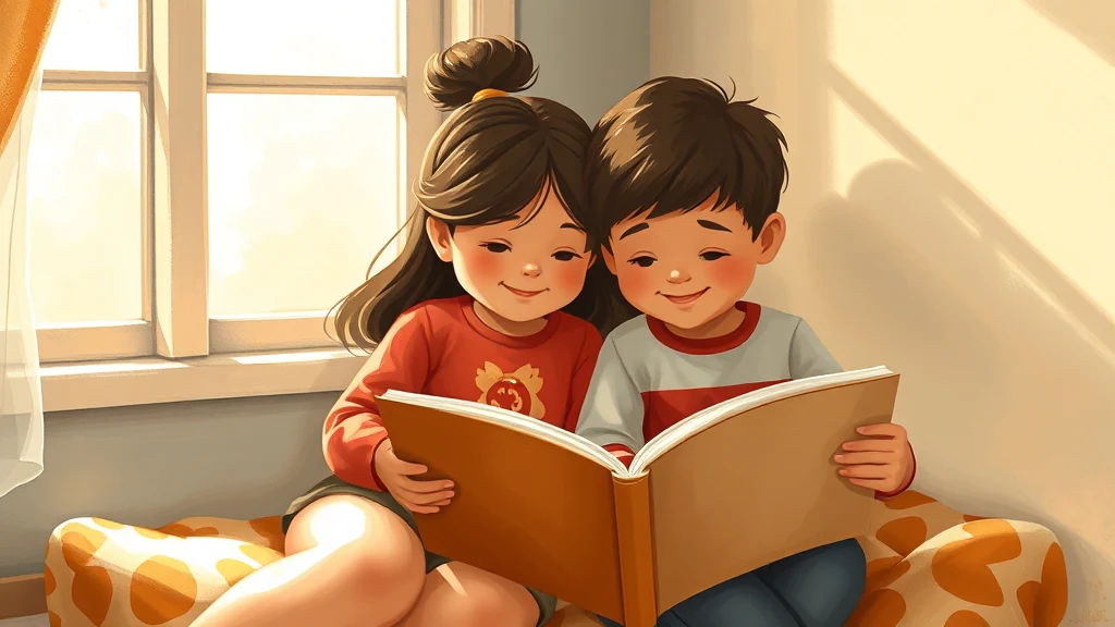 Due fratelli che condividono un libro illustrato, sorridendo insieme in una stanza accogliente.