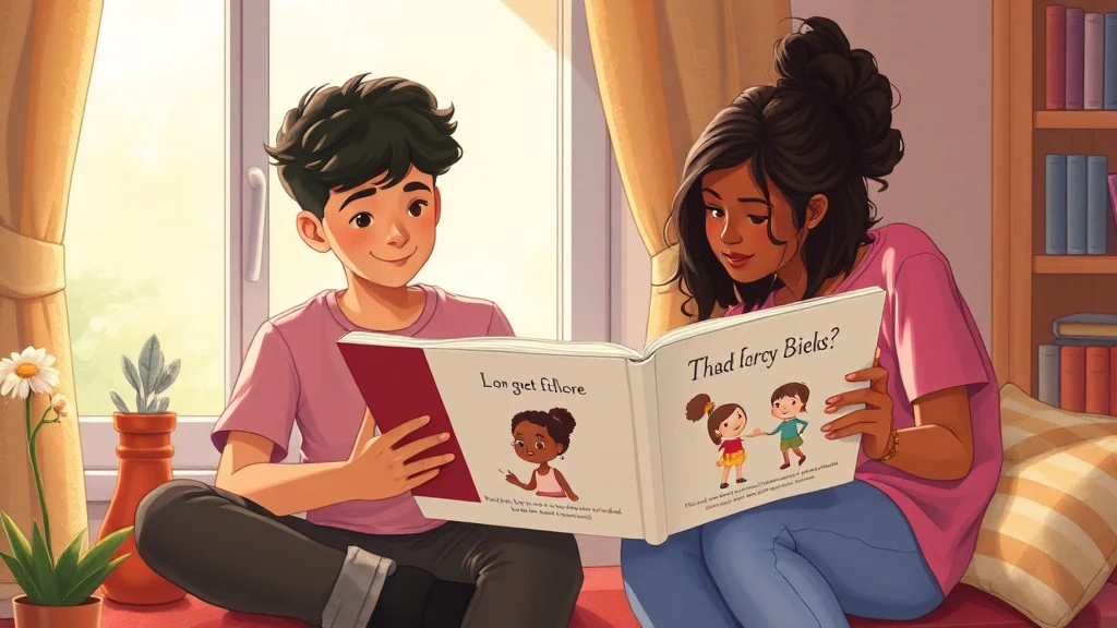 Un niño y un adolescente en un entorno cálido sosteniendo un libro abierto simbolizando el cuento y la conexión familiar.