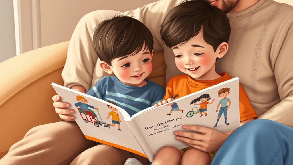 Una madre lee un cuento personalizado con ilustraciones vibrantes a su hijo con discapacidad física, fomentando la conexión y el entendimiento.